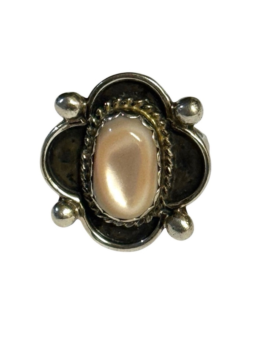 70’s Navajo Sterling Silver Pink Mother of Pearl Cabochon Ring Stamped Sz 5.5